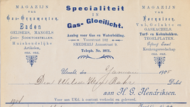 711244 Kop van een nota van H.G. Hendriksen, Magazijn van Gas-Ornamenten, Baden- Geijzers, Fornuizen, Kachels, Mangels, ...